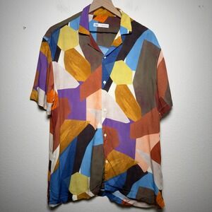 Zara Men Button Down Camp Shirt Large Multicolor Abstract Geometric Summer Party